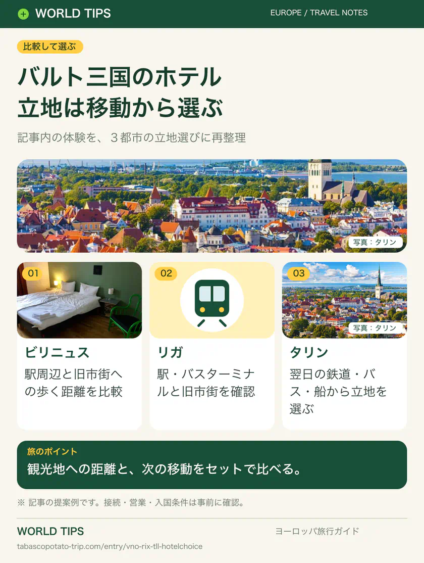 バルト三国のホテル。立地は移動から選ぶ。ビリニュス：駅周辺と旧市街への歩く距離を比較。リガ：駅・バスターミナルと旧市街を確認。タリン：翌日の鉄道・バス・船から立地を選ぶ
